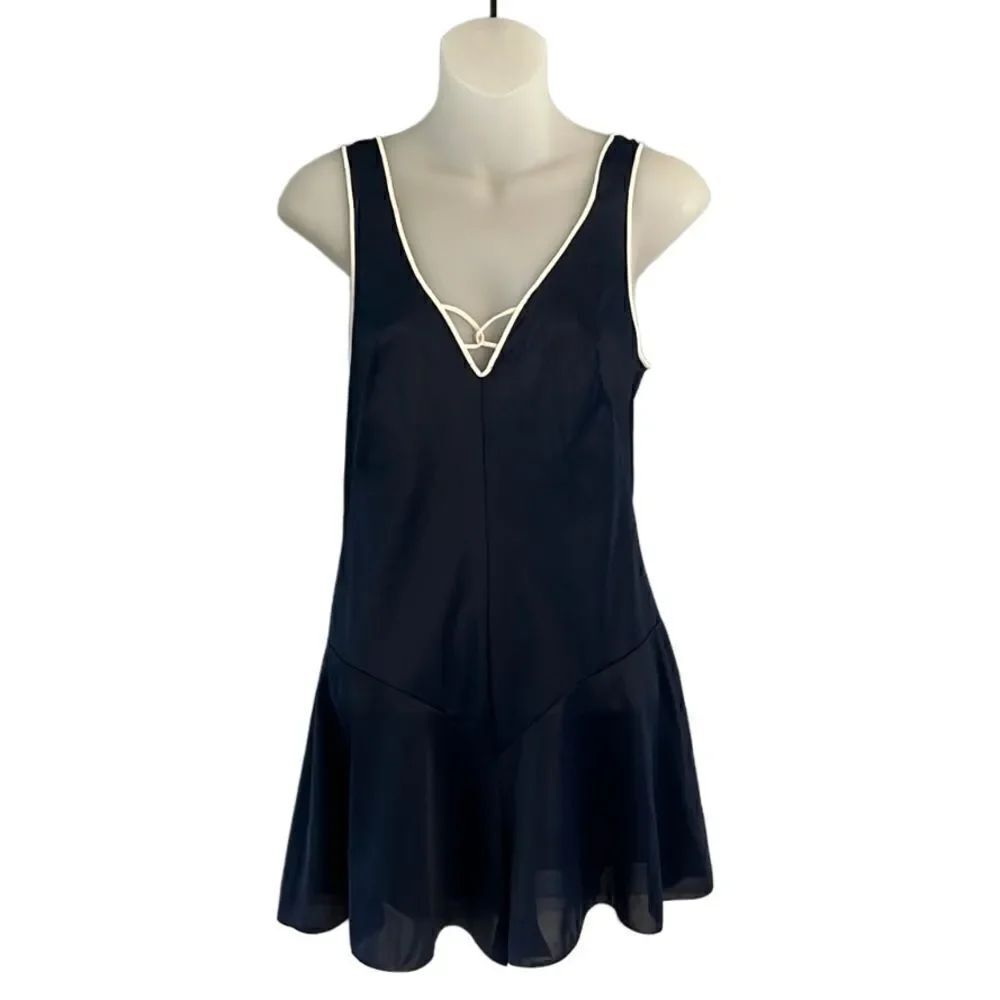 Hollywood PinUp nightie sexy glam navy & white sheer romper Women’s M Vintage